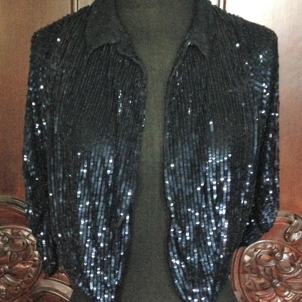 NWT FREE PEOPLE CROPPED BLUE SEQUIN JACKET, SIZE S - Picture 3 of 7
